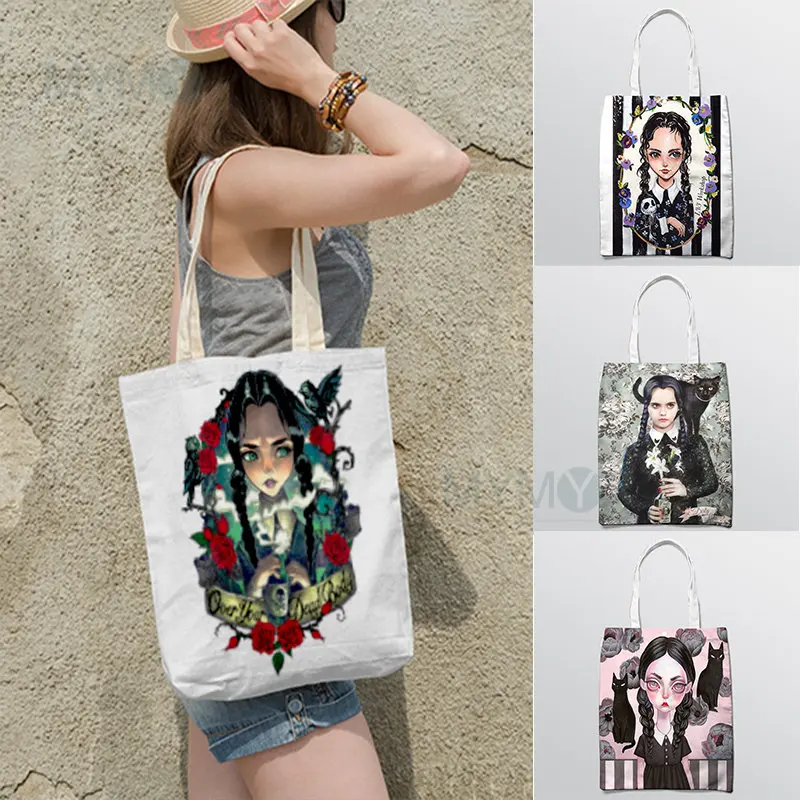 

Wednesday Addams Shoulder Bags Female Handbag Shopper Canvas Moive Style Trendy Reusable High Quality Book Beach School Tote Bag