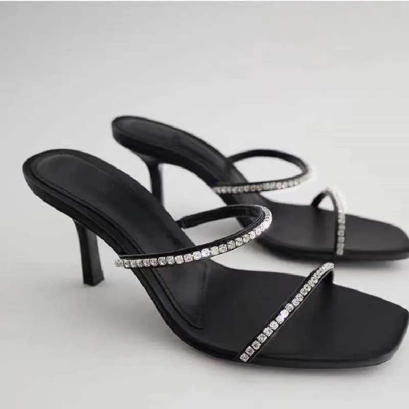 

Women's Summer Sandals Square Toe Female Rhinestone Slippers Women Thin Heel Fashion Pumps Elegant Sandalias Mujer Black 41 42