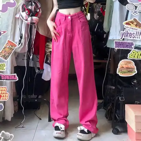 Jeans Pants Women Retro Pink Pocket High Waist Straight Pants Women Casual Streetwear Mom Pants For Woman Denim Jeans