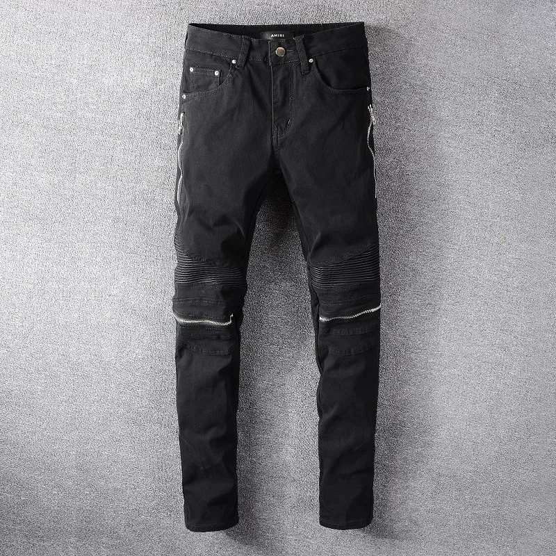 

High Street Fashion Style Men's Black Slim Fit Side Zippers Classic Bikers Motorcycle Skinny Stretch Jeans