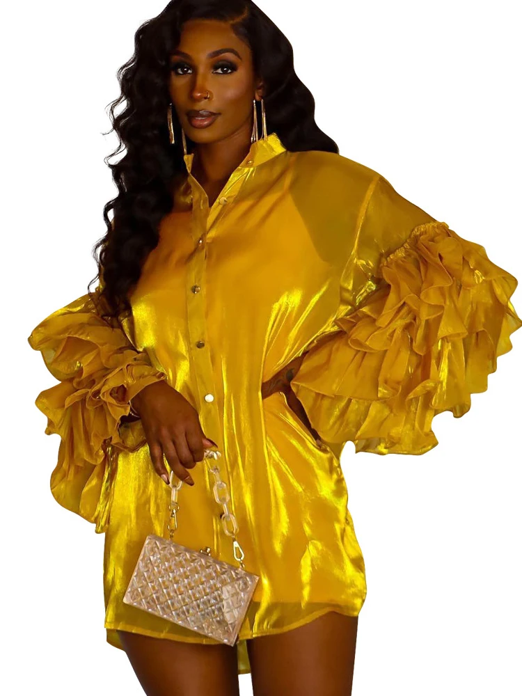 

Short African Shirt Dress Women Cascading Ruffle Sleeve Africa Clothing Fashion New Solid Elegant Sexy African Clubwear Dresses