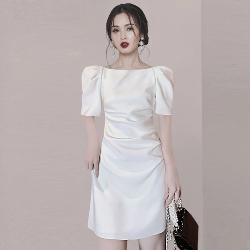 

Plus Size 2022 Summer New Fashion Women Slash Neck Short Puff Sleeve Ruched Zip Casual Mini White Dress