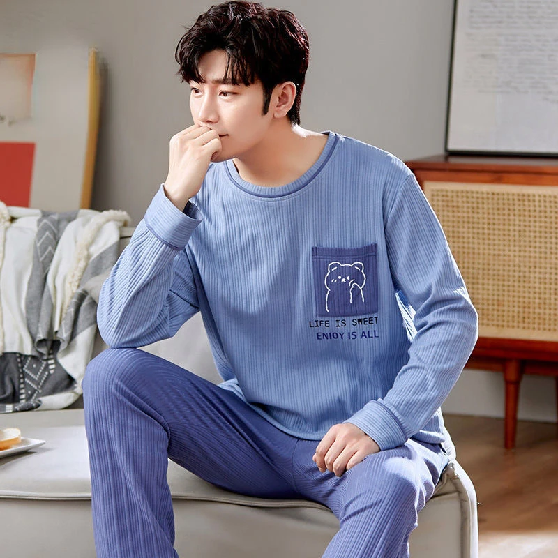 Spring Autumn Knitted Cotton Long Sleeved Men's Pajamas Sets Male Pajama Set Letter Pajama For Men Sleepwear Suit Homewear 3XL