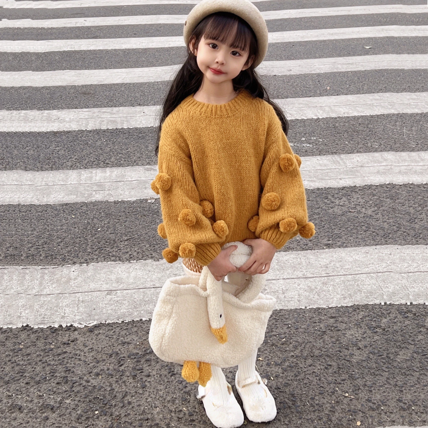 Criscky 2022 Girls Sweater Winter Lantern Sleeve Sweater Warm Thick Knit Sweater Soft Solid Color Children Girls Pullover top