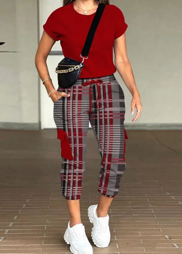 

Womens Pants Set 2023 Summer Casual Womens Two Piece Sets Outfit Round Neck Top & Plaid Print Drawstring Pants Set Female Suit