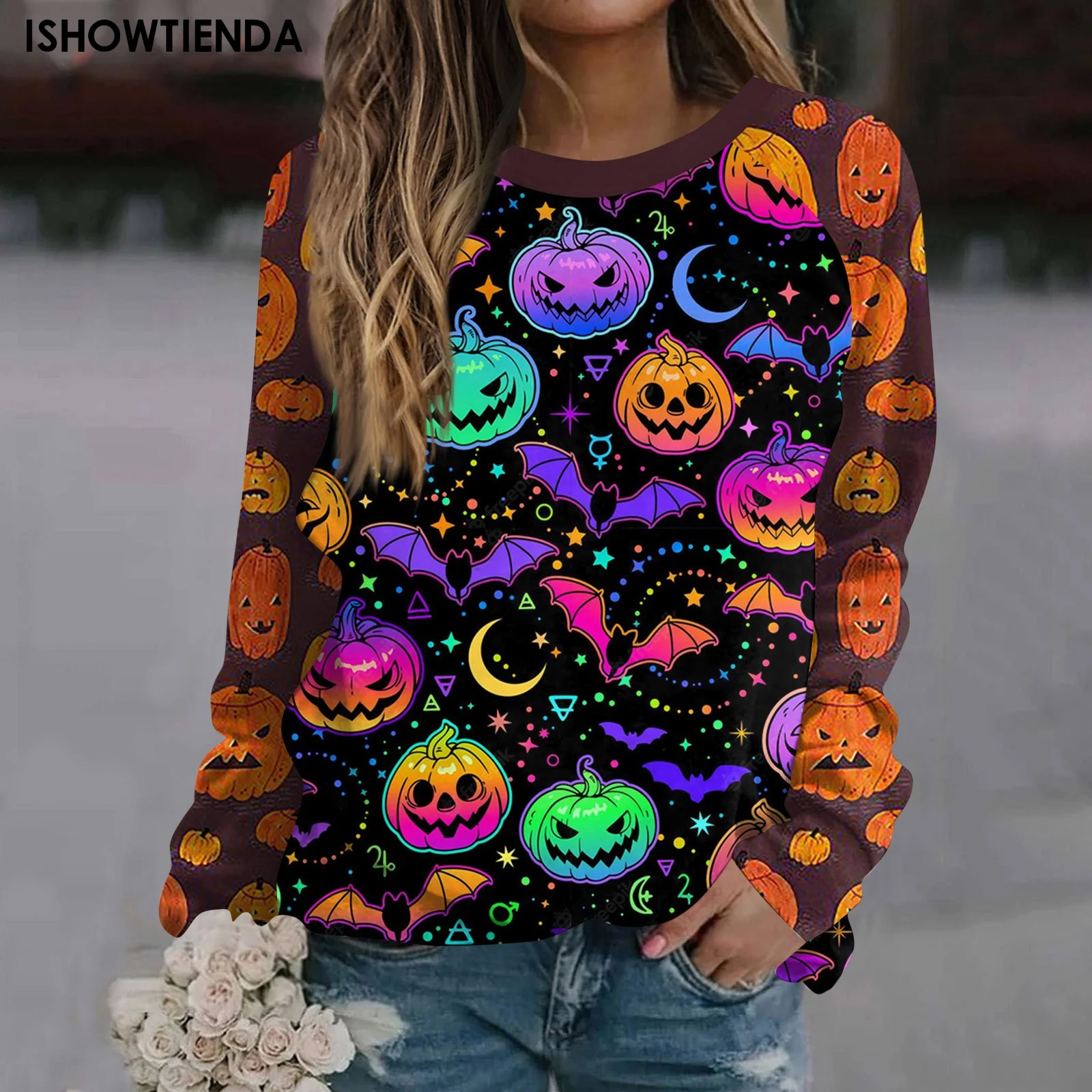 

Women Blouse Funny Halloween Colorful Pumpkin Print Long Sleeve T Shirts Casual O-neck Gothic Fashion Streetwear Pullover Tops