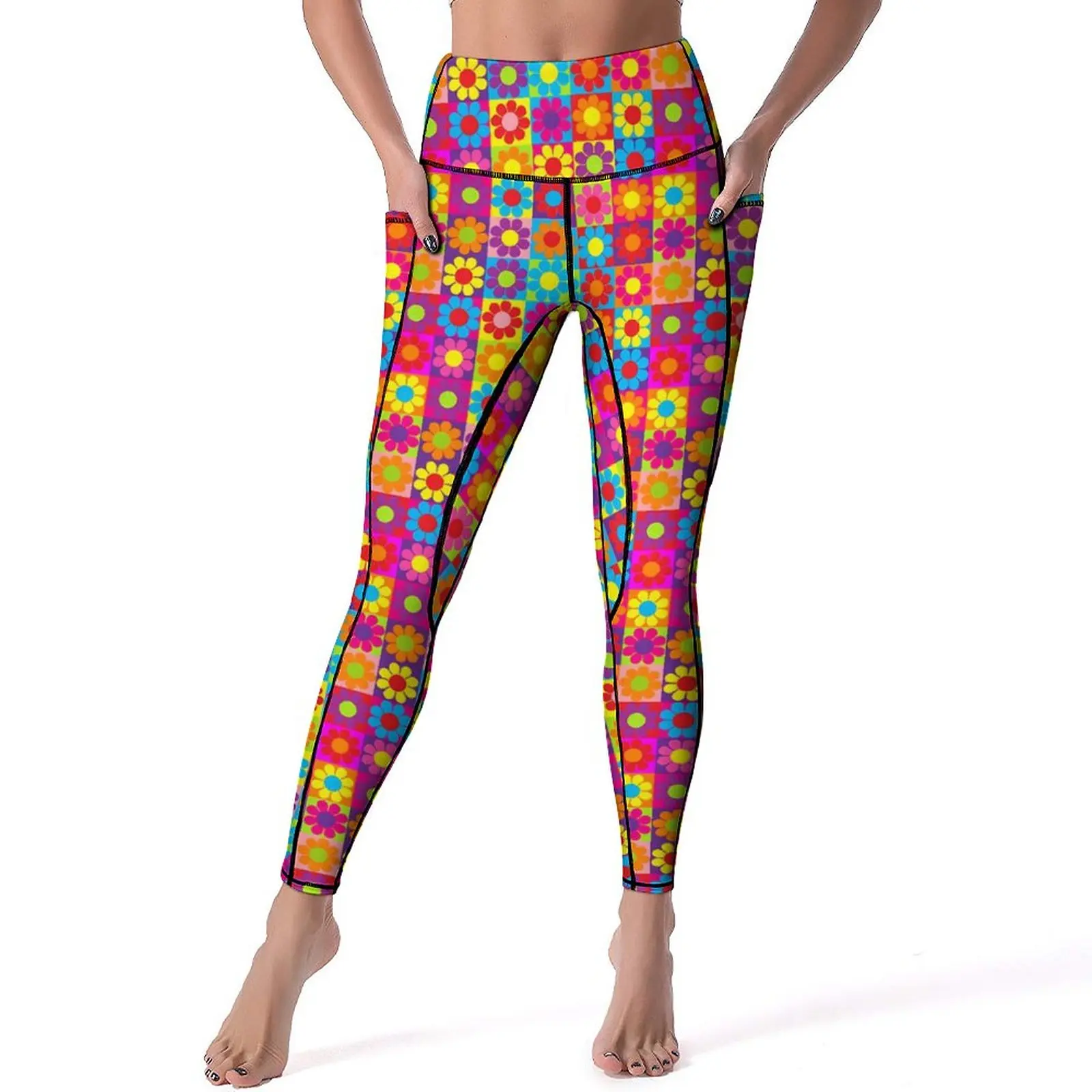 

Flower Power Leggings Sexy Squares Print Push Up Yoga Pants Cute Stretch Leggins Female Design Running Sports Tights