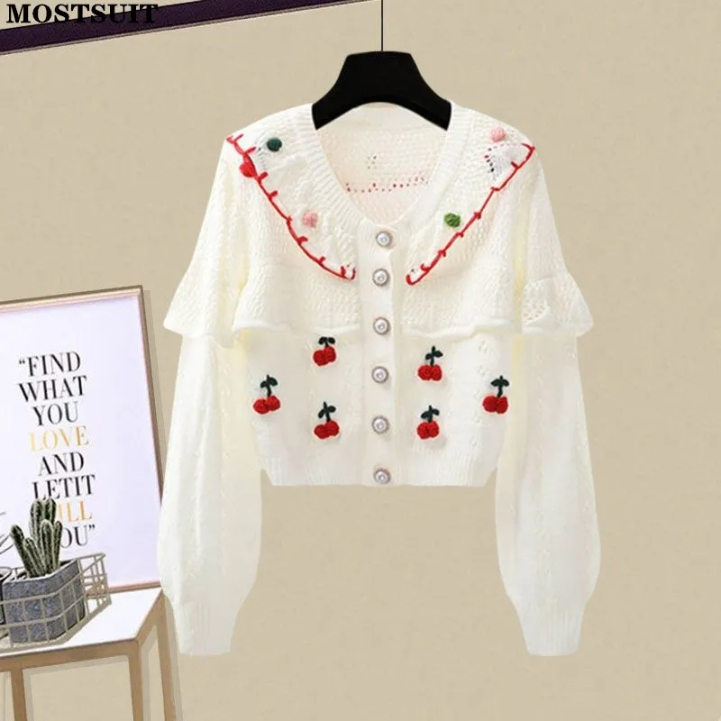 

Cherry Embroidery Vintage Knitted Cardigan Sweater Women 2022 Autumn Winter Elegant Fashion Korean Tops Long Sleeve Hollow Coats