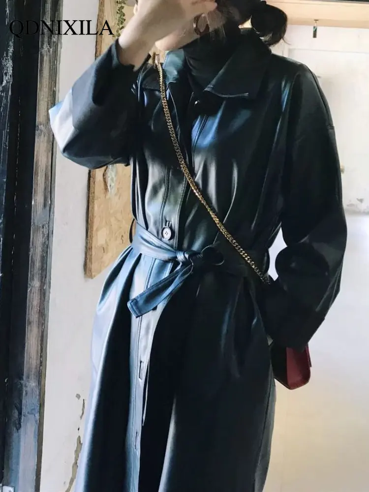 

Super Handsome PU Woman Trench Coat Spring and Autumn New In Outerwears Korean Leather Jacket Over-the-knee Long Coat Women