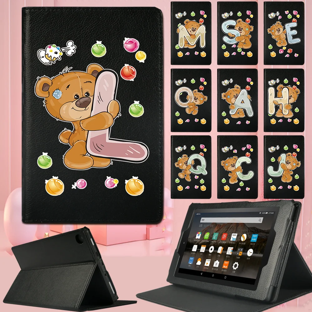 

Tablet Case for Fire HD 8/HD 10/Fire 7 Bear 26 Letters Pattern PU Leather Stand Cover Dust-proof Protective Shell + Free Stylus