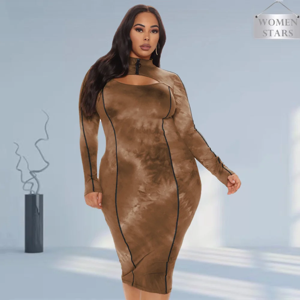 

New Hollow Out Plus Size Dresses Women Tie Dye Turtleneck Bodycon Long Sleeve Stretch Evening Party Dress Wholesale Dropshipping
