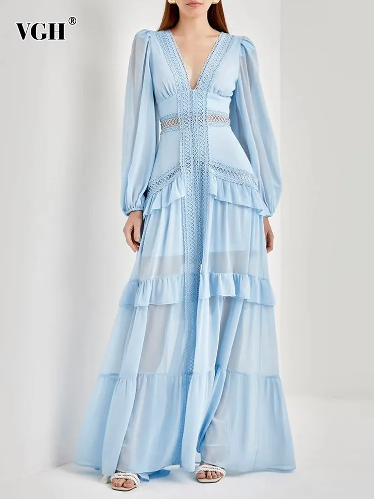 

Женское платье с глубоким V-образным вырезом, длинным рукавом и оборками