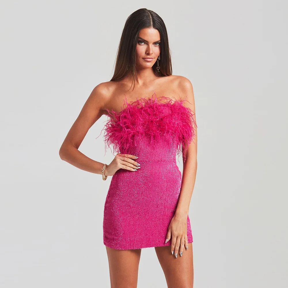 

Rosered Color Women Sexy Off the Shoulder Shinning Sequines Feathers Bodycon Mini Dress Celebrate Nightclub Party Costume