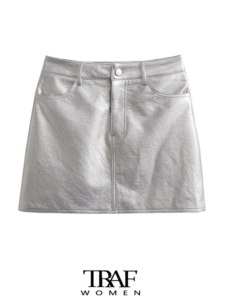 

TRAF Women Fashion Front Pockets Faux Leather Silver Mini Skirt Vintage High Waist Zipper Fly Female Skirts Mujer