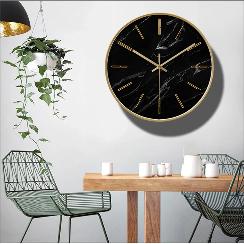

Silent Golden Metal Wall Clock Modern Large Kitchen Living Room Wall Clocks Bedroom Marble Reloj De Pared Home Decor DL60WC
