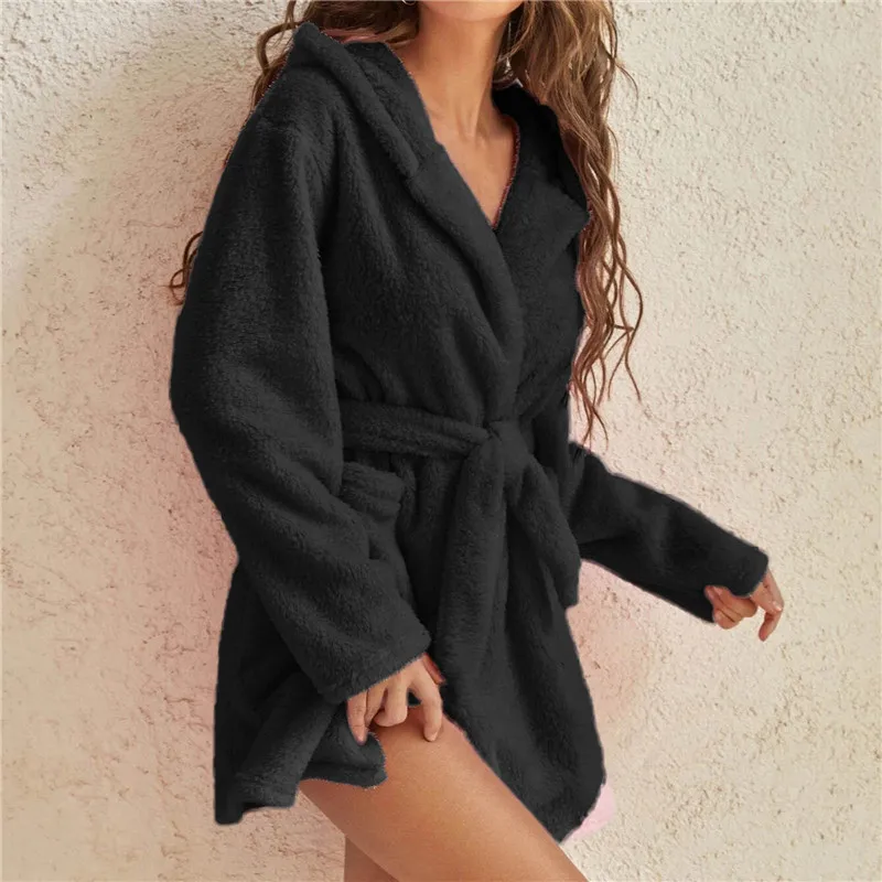 

Warm Plush Lace-Up Pajamas Autumn Winter Women Solid Color Cardigan Lapel Pocket Mid-Length Coat Fashion Hooded Home Bathrobe