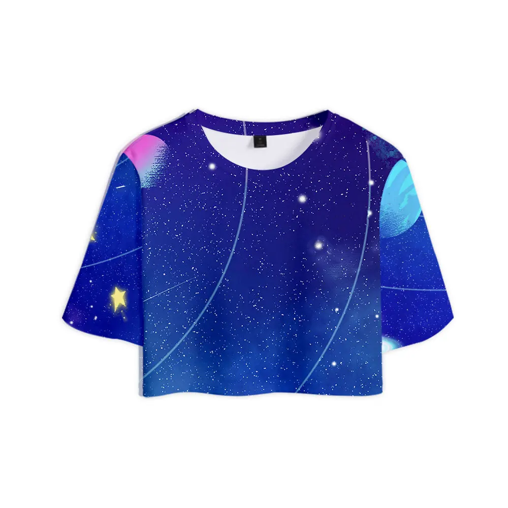 

2022 New Women's T-Shirt Summer College Fashion Galaxy Print Chic Luxury Girl Top Sexy Navel Short Sleeve Cartoon Casual Clothes