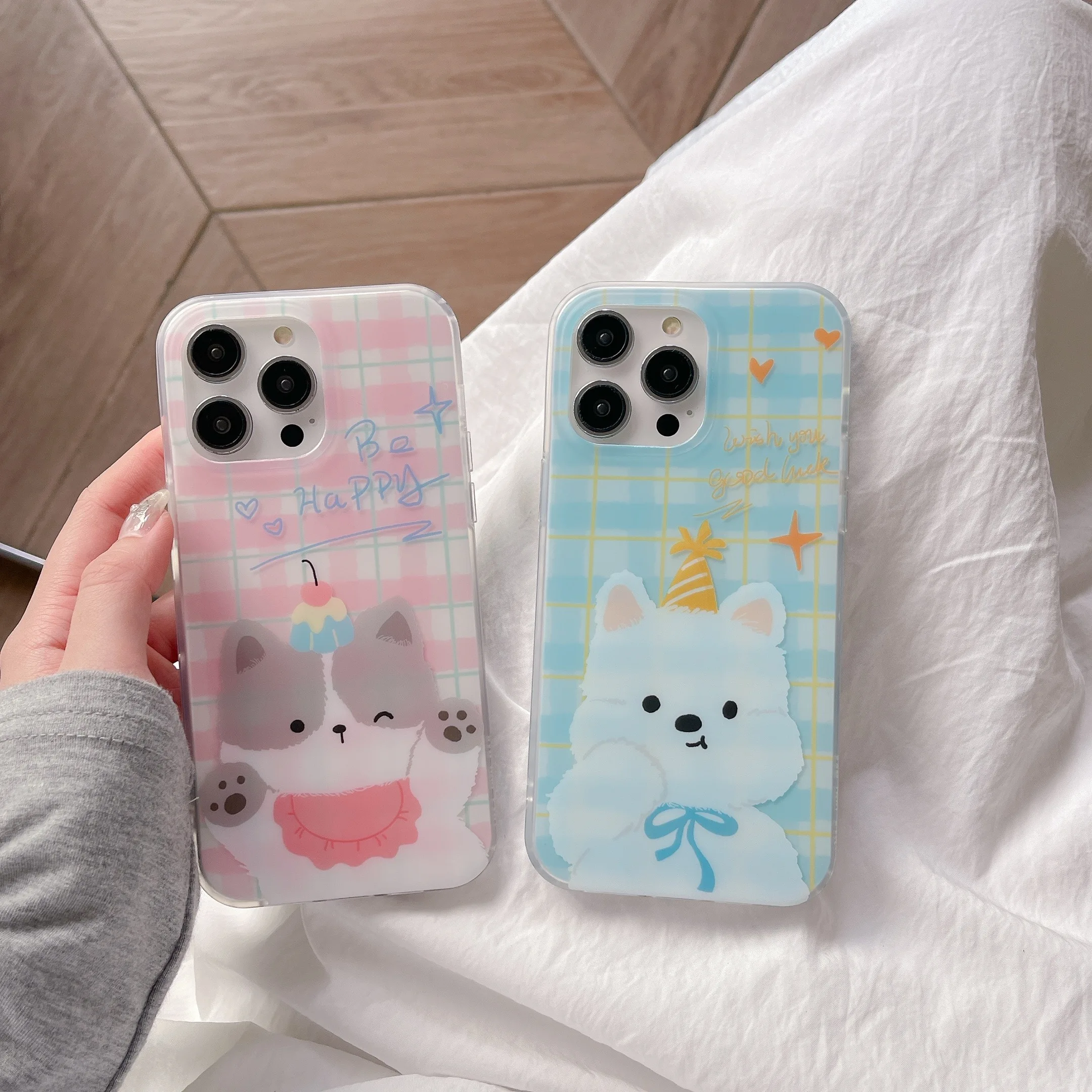 Чехол для телефона в клетку с милым щенком и котенком IPhone 16 16pro 16promax 15 15pro 15promax 14 14pro