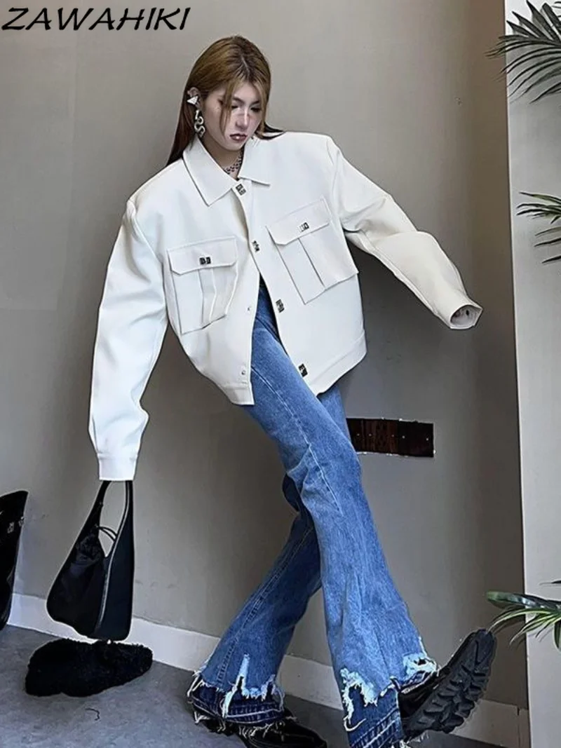 

American Retro Solid color Leather Jacket Coat Women's Y2K Street Hip-hop Trend Baseball Suit Couple Casual Leather Jacket