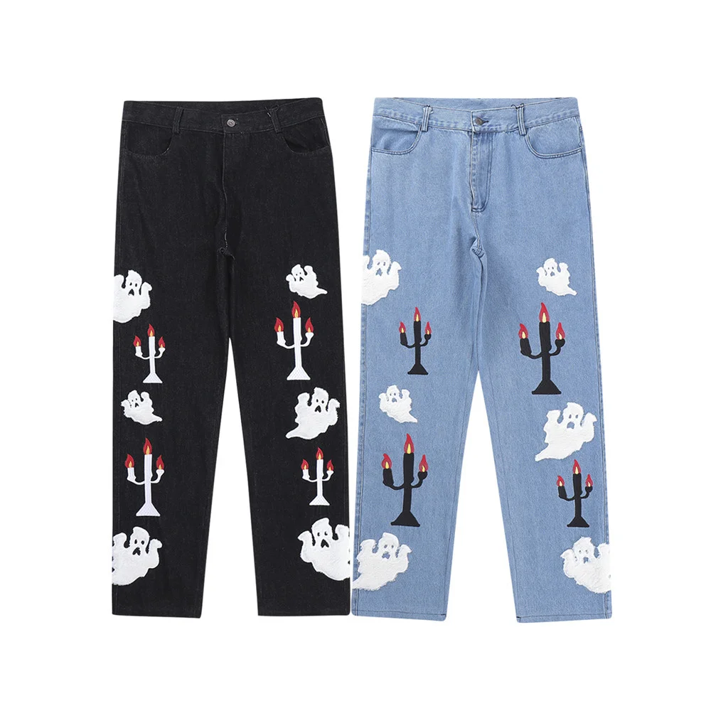 

Street Fashion Lampstand High and Skull Flower Embroidery Ripeed Jeans Men Women Straight Retro Casual Baggy Denim Trousers Blue