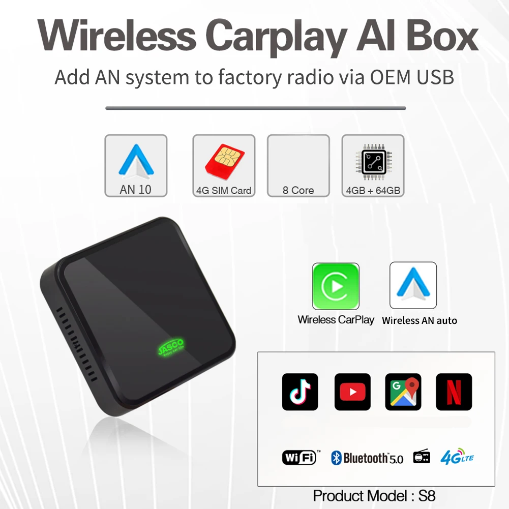

1Pcs 8 Core Car CarPlay Ai Box Host Wired To Wireless Smart Car Navigation Module Interconnection Conversion Adapter Black