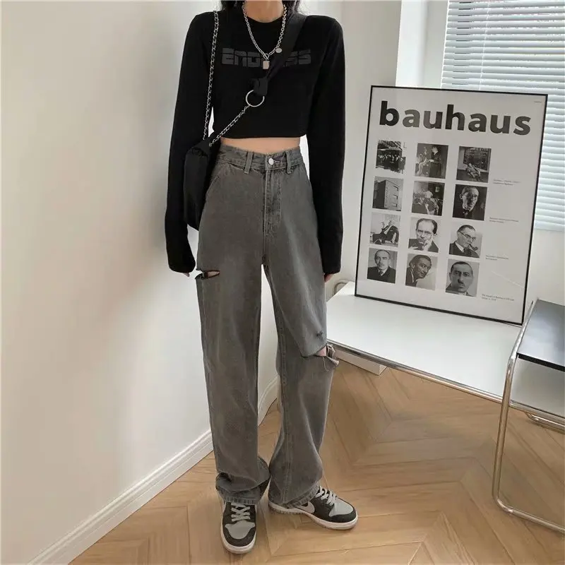 

CGC Spring Autumn Jeans Women Denim Pants 2022 Korean Fashion Hole Female Baggy Jeans Casual Straight Urban High Waist Jeans