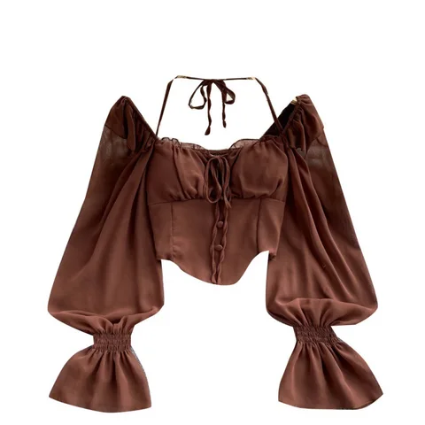 Женская блузка с длинным рукавом, с лямкой на шее