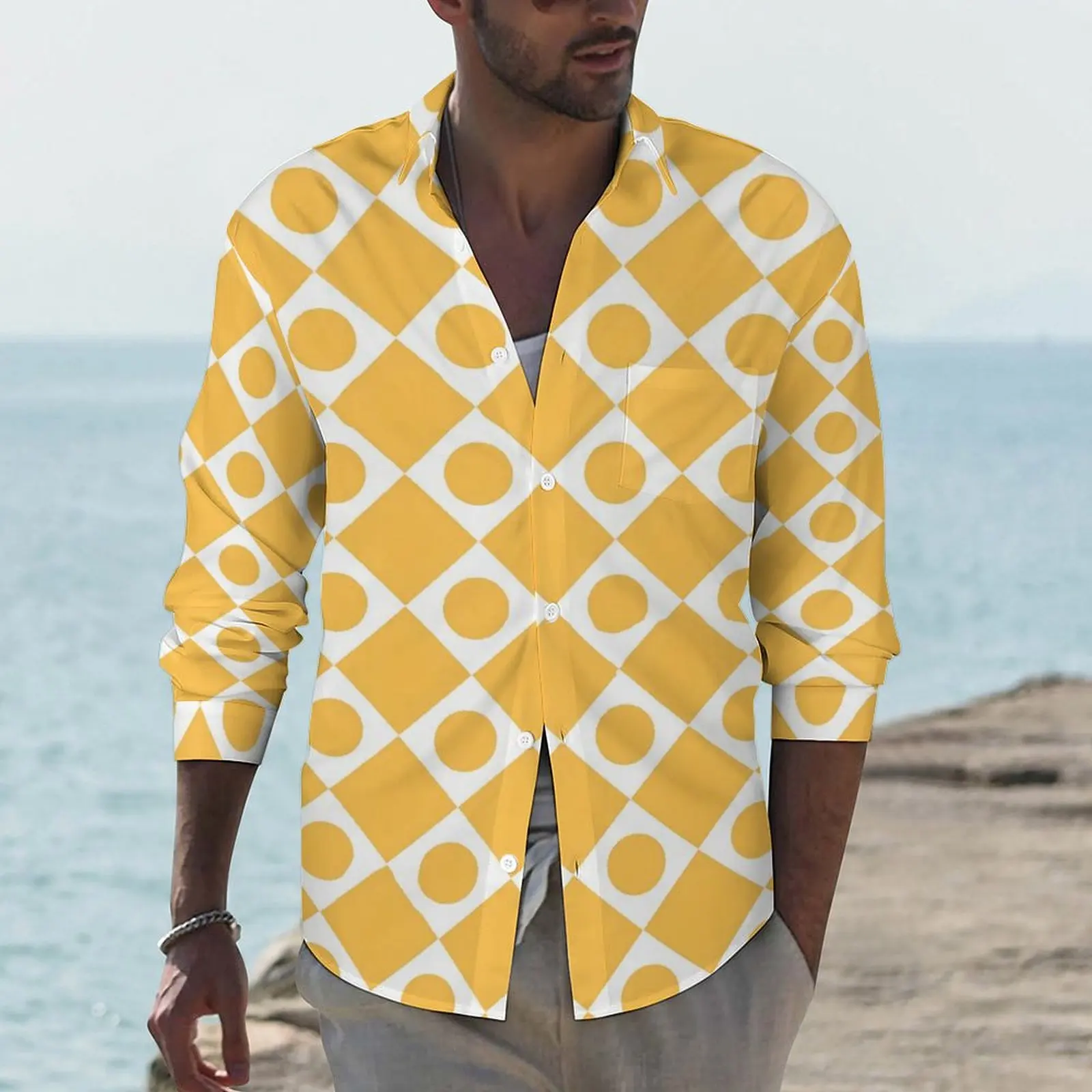 

Retro Mod 60s Harajuku Casual Shirt Mens White And Yellow Shirt Autumn Trending Blouses Long Sleeve Custom Oversized Top