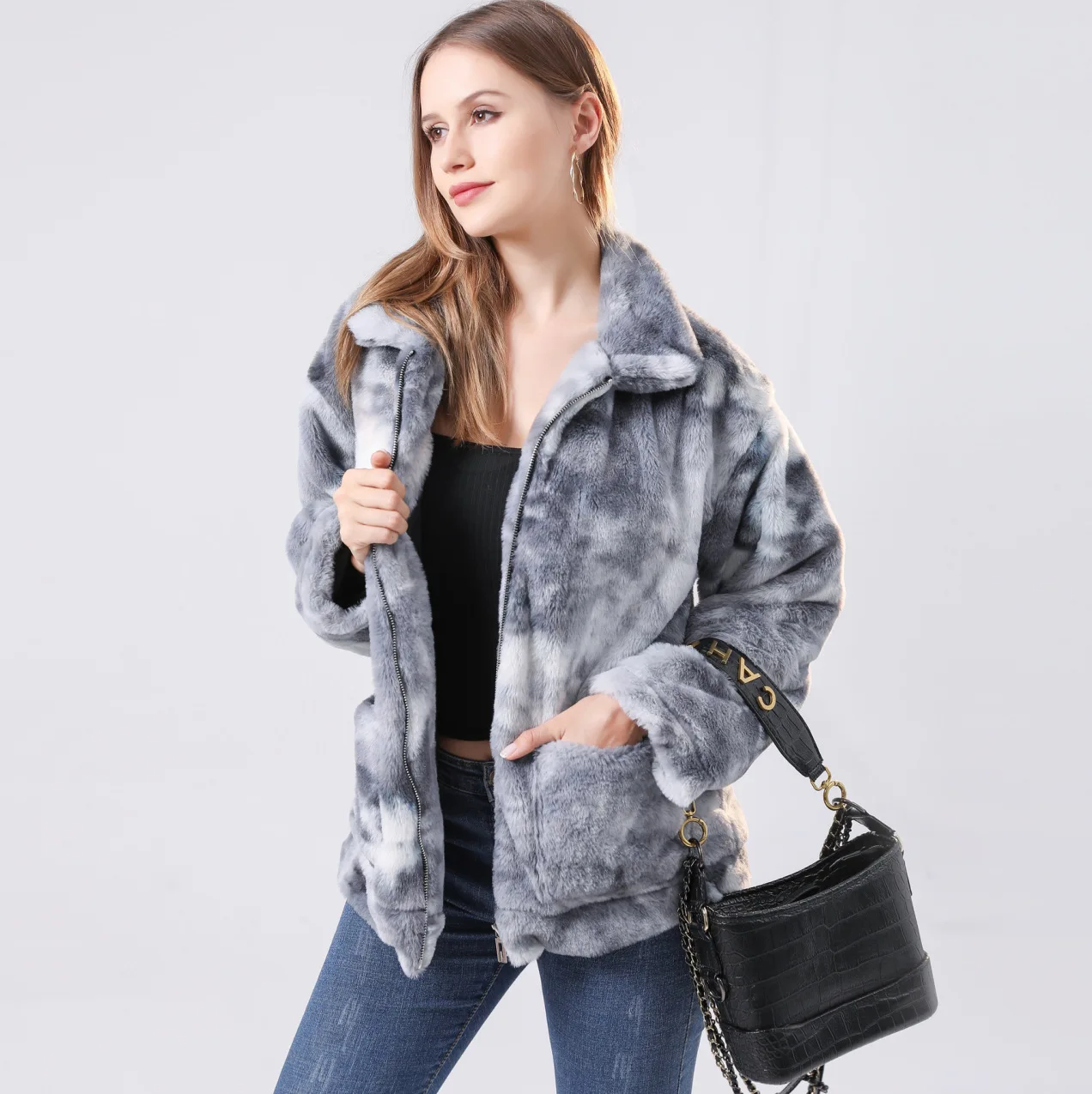 Women's Fur Coat Autumn and Winter Plush Color Tie-Dyed Long-Sleeved Jacket for Women Faux Fur Coat