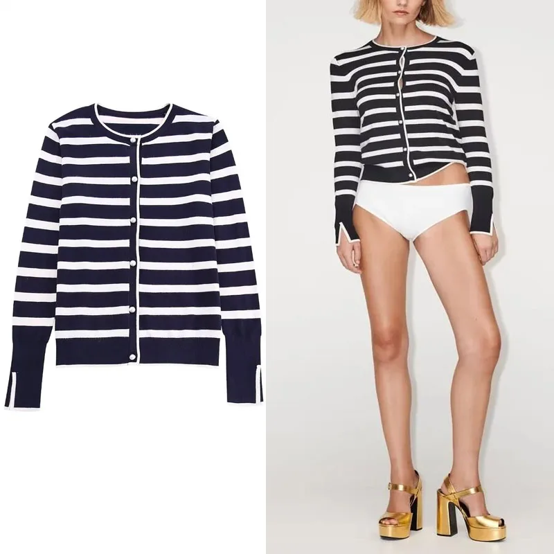 

TRAF Women Striped Knitted Cardigan Round Neck Long Sleeves Cardigan Top Spring Fashion Pearl Single-breasted Casual Female Tops