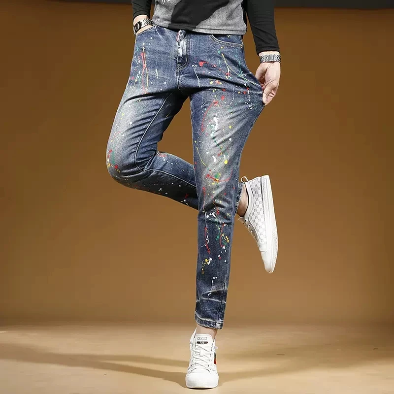 Autumn Graffiti Printed Blue Jeans Men Streetwear Casual Slim Fit Pencil Pants Fashion Stretch Denim Trousers