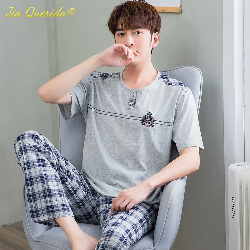 Мужская одежда для сна хлопковые пижамы летние шорты топ + длинные штаны модная