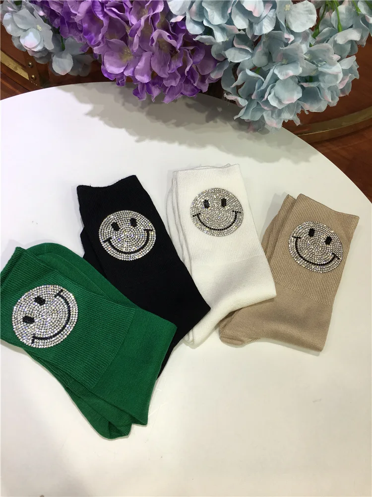 Smiley Hot Drilling Cuteness Women Socks Age Reduction All-match High-quality Pure Cotton Mid-tube Hose Sports Long Stocking
