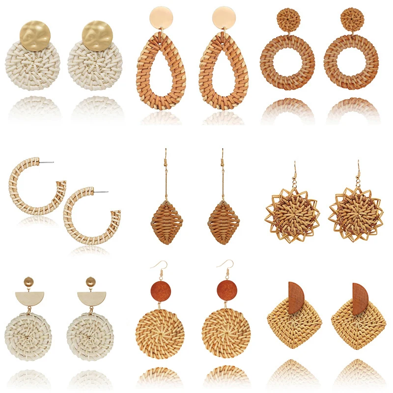 

Handmade Rattan Knit Pendant Drop Earrings for Women Ethnic Round Hanging Rattan Straw Weave Knit Vine Earrings Beach Jewelry