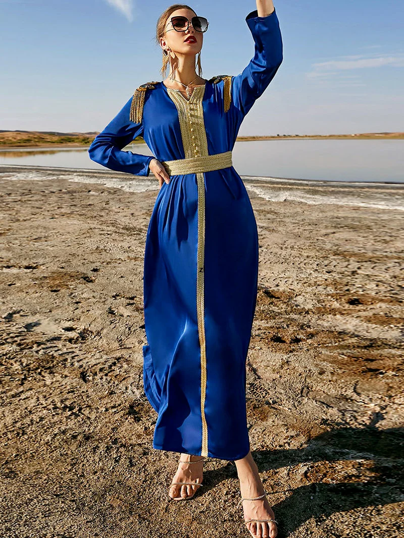 Women Gown Long Dress Moroccan Party Caftan Rhinestones Satin Evening Abaya Belted Muslim Dubai Islam Turkey Ramadan Eid Kaftan