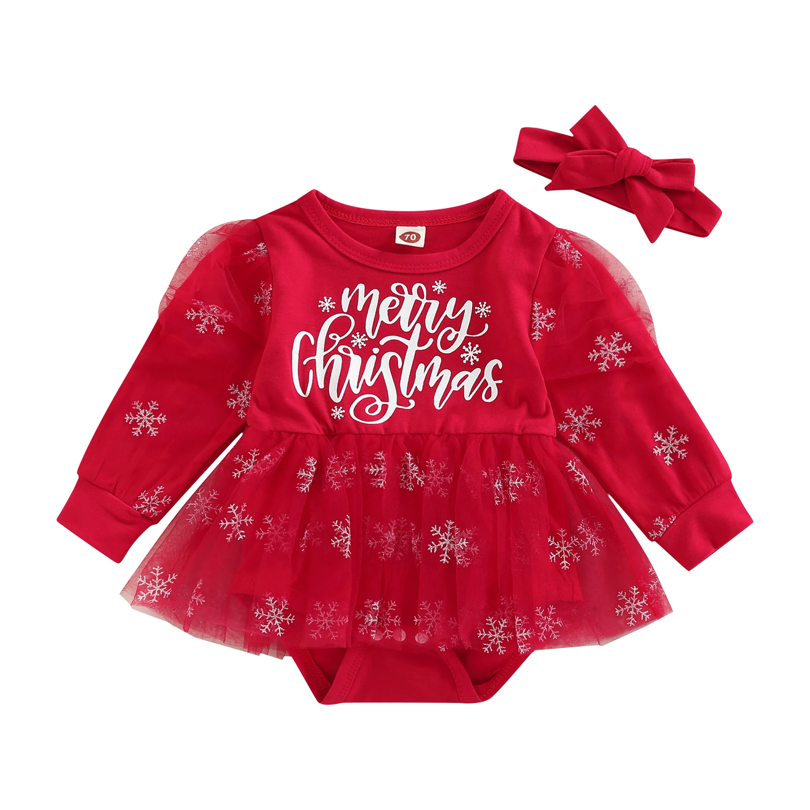 

Рождественский комплект для новорожденных девочек, комбинезон с длинным рукавом, вырезом лодочкой, снежными буквами, фатиновое лоскутное п...