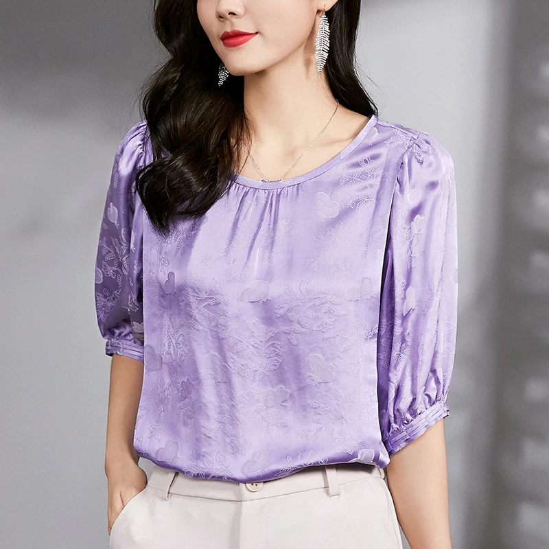 Fashion Woman Blouses Shirts 2022 Summer Elegant Half Puff Sleeve Women's Vintage Shirt 50% Real Silk Female Print Blouse Loose