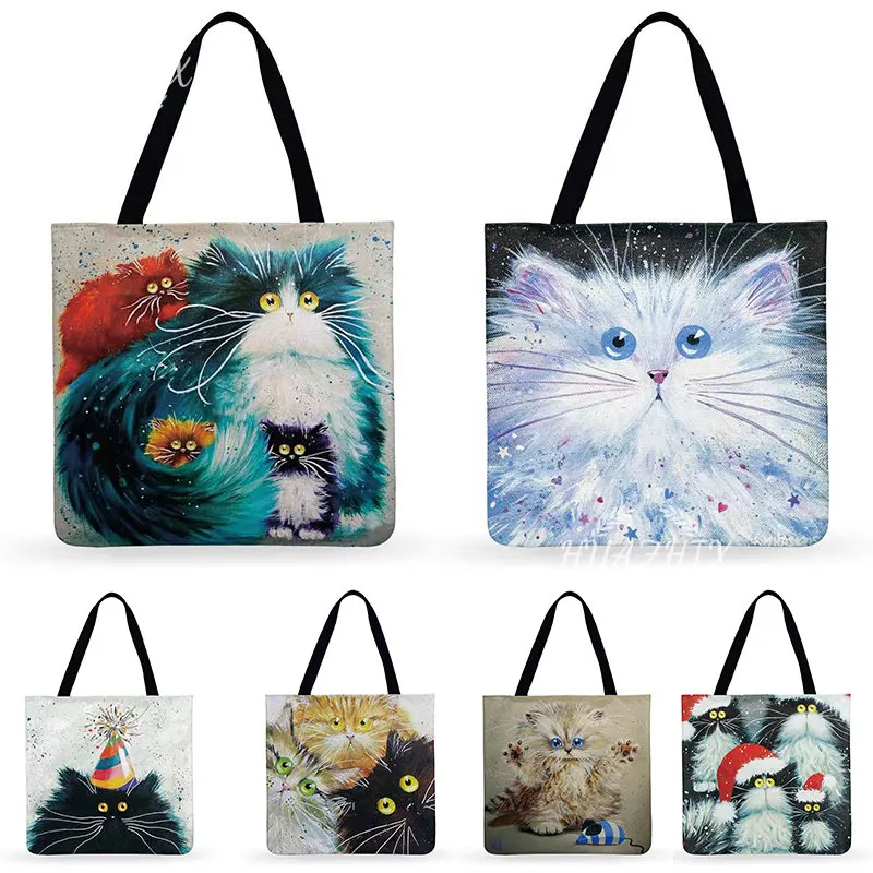 

Fresh Cartoon Cat Printed Shoulder Tote Bags Women Customize Canvas Handbag Ladies Outdoor Casual Tote Foldable Shopping Bag