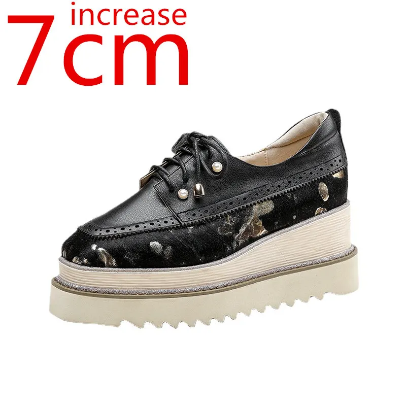 

Genuine Leather Wedge Heel Thick Soles Women's Shoes Casual Increase 7cm British New Style Leather Shoes Daily Heightening Shoes