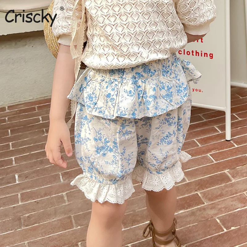 

Criscky Summer Baby Girls Floral Lace Ruffles Shorts Cute Printed Children Clothes Princess Kids Holiday Beach Shorts