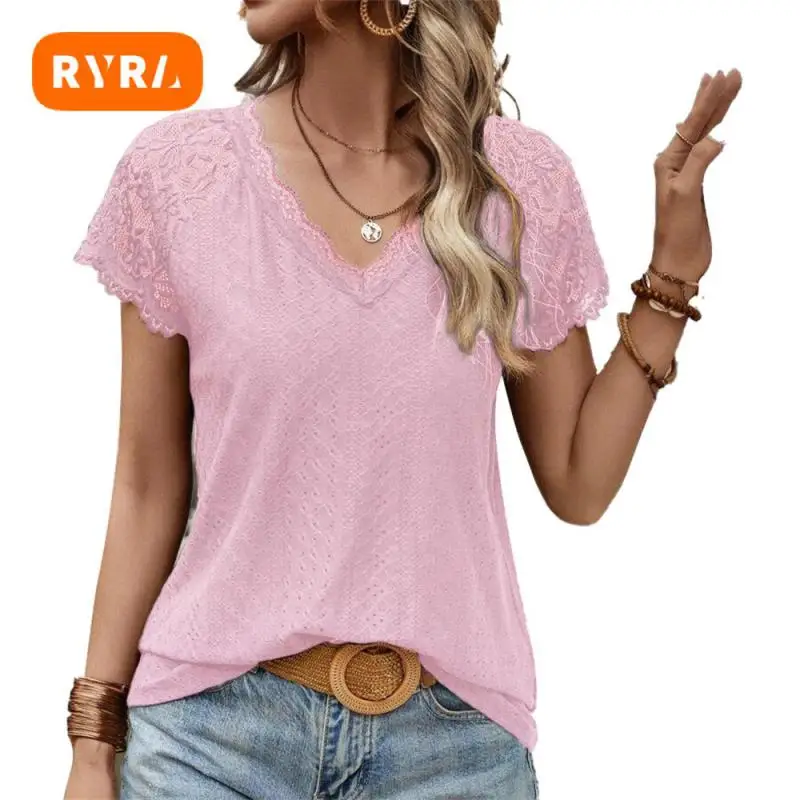

V Neck Short Sleeves Solid Color Slim And Graceful Hollow Out Design Classic And Stylish Groove V Neck High Quality Fabric Top