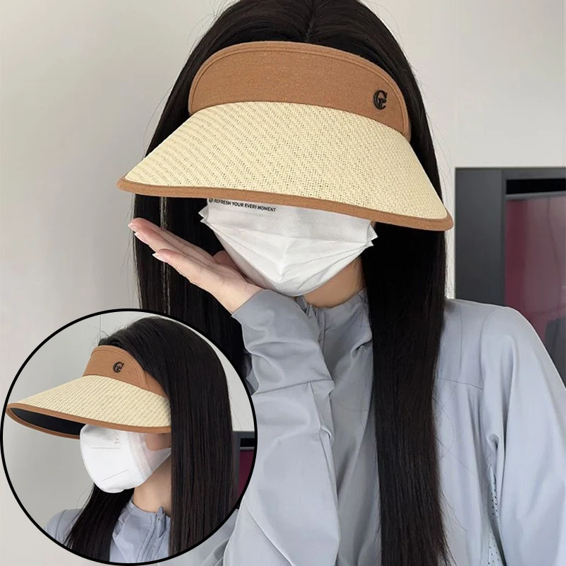 

Women's Summer Hat Empty Top Ponytail Straw Panama Caps Outdoor Beach Sun UV Protection Wide Brim Sunhat Casual Visor Cap