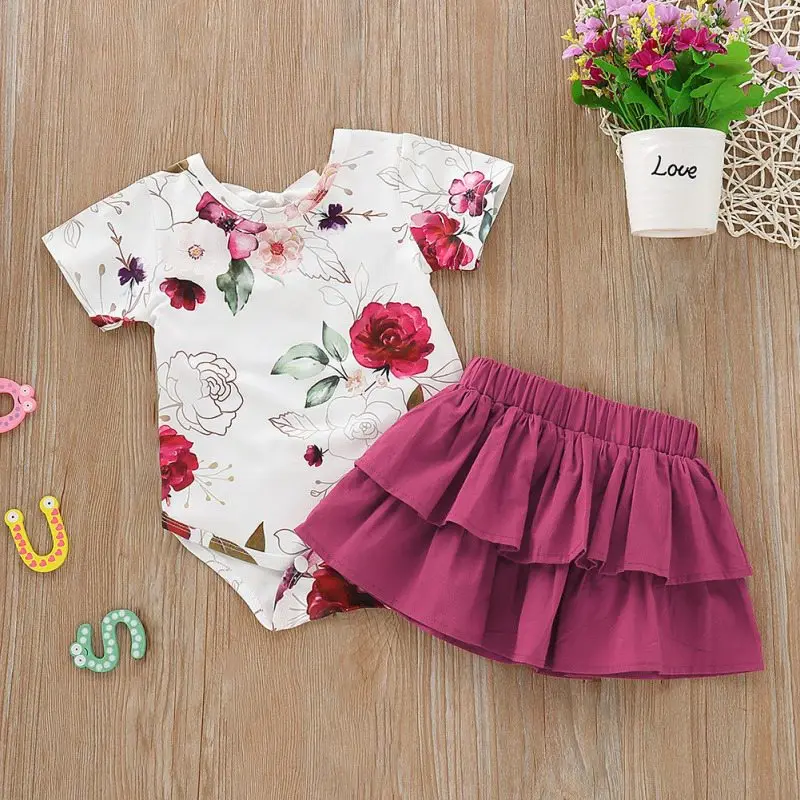 

Special Promotion Baby Girls Clothes Set Short Sleeve Floral Print Bodysuits Short Skirt Summer Infant Outfits