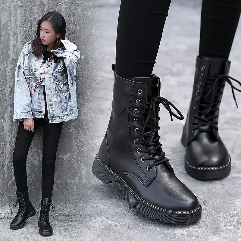 

Boots Women High Quality Genuine Leather Middle Boots British Women's Short Boots Platform Lace Up Motorcycle Ankle Boots E264