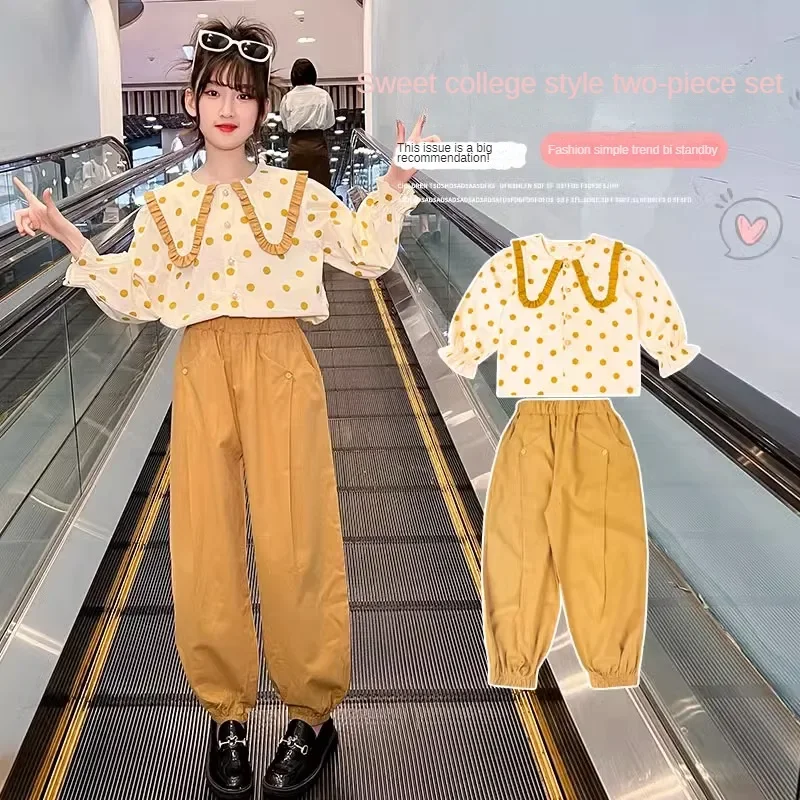 

2023 Spring and Autumn New Girls' Sailor Collar Dotted Shirt Two-Piece Kids Casual Western Style Suit Girl Clothes 110-160M