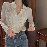 fashion new womens top lapel slim folded tops 2022 spring new retro sexy zipper short long sleeve tops grunge aesthetic