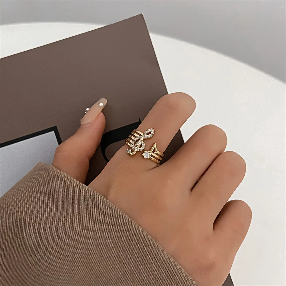 

Rhinestone Musical Note Charm Rings For Women Accessories Open Adjustable Finger Ring Copper Korean Fashion Jewelry Anillo Gift