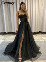 century black glitter prom gown a line tulle prom dress spaghetti straps sweetheart bones side slit 3d flowers long evening gown