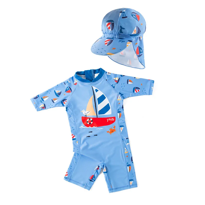 

Children Swimsuit Boys Girls One Piece Blue Long Sleeve Sailboat Swimsuit Hot Spring Wear Monster Baby Beach Wear Kid Clothing