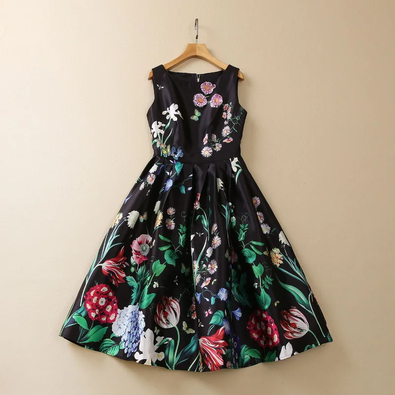 European and American women's clothes 2023 spring new sleeveless Three-dimensional embroidery flower print Pleated dress
